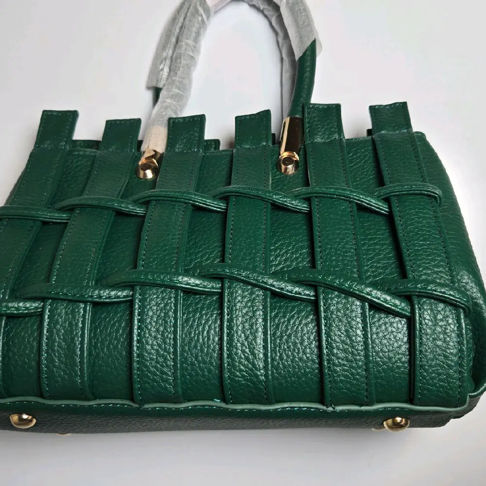 Elegant Green Woven Leather Tote Bag with Gold Accents and Durable Handles for Everyday Use
