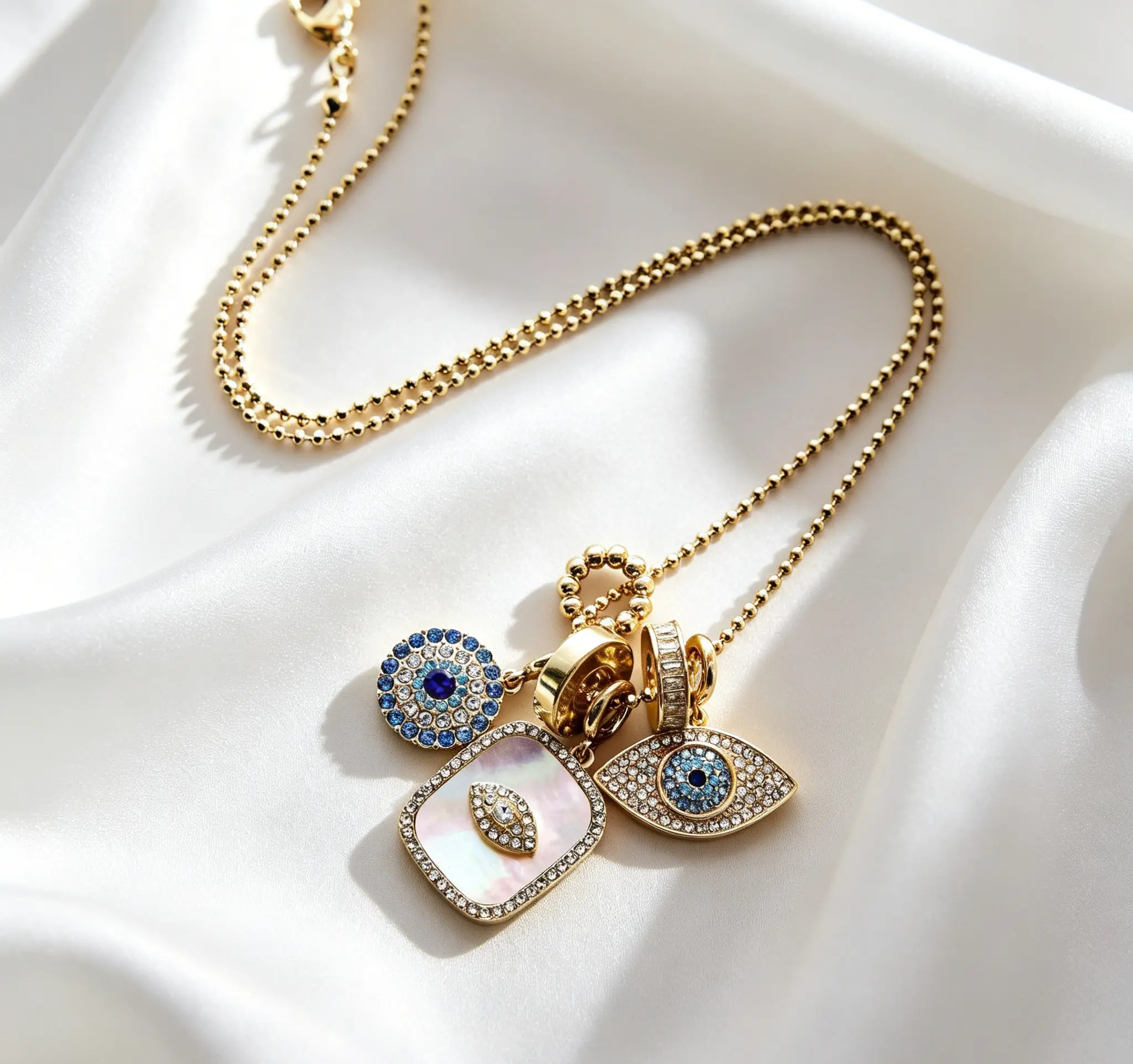 Elegant Women’s Evil Eye Charm Necklace with Turquoise Crystal & Shell Detail, Sturdy Beaded Chain Jewelry for Daily Business Occasions