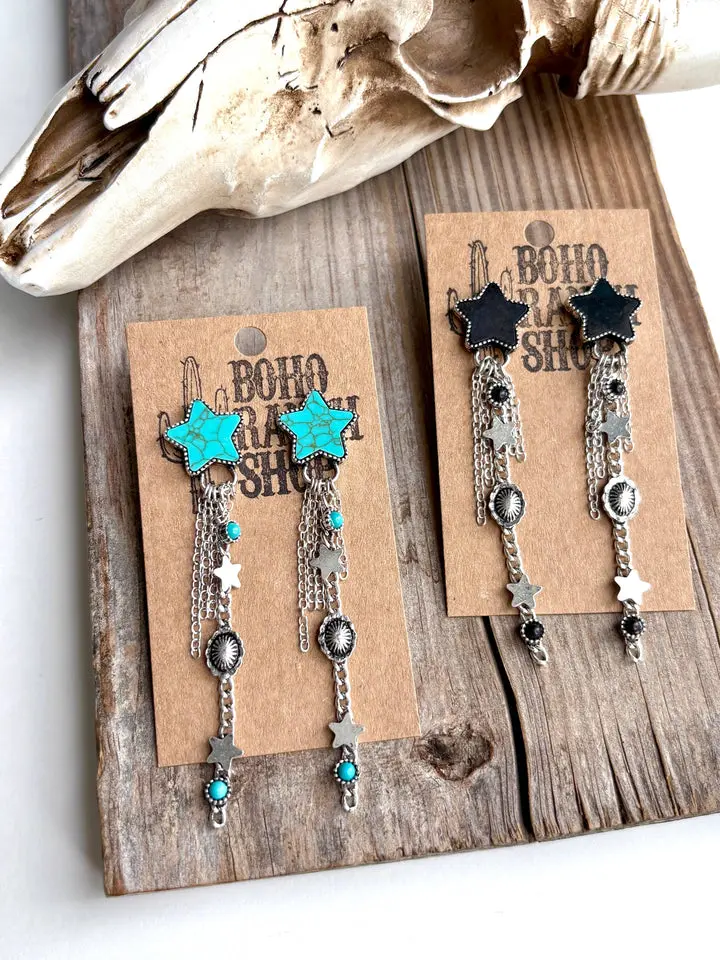 Western Star Stone & Chain Fringe Post Drop Earrings Boho Style Jewelry Handmade Jewelry
