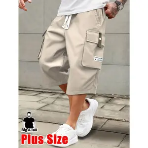 Men's Plus Size Short Dark Gray Loose-Fitting Plain Summer Lightweight Cargo Pants - Casual Menswear with Drawstring Waist, Large Pockets, Letter Patch, for Casual Attire & Outdoor Activities,summervibes summervibes