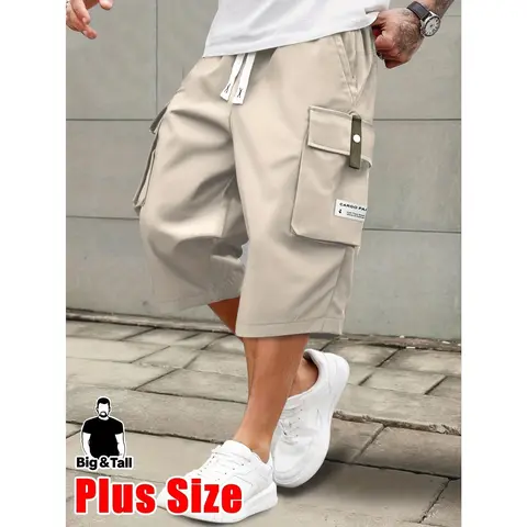 Men's Plus Size Dark Gray Lightweight Summer Trouser - 1XL,2XL,3XL,4XL Sizes, Drawstring Waist, Big-Pocket Carry, Letter Patch, Plain, for Casual & Outdoors Wear