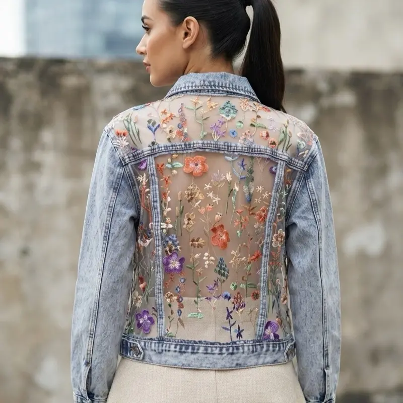 Women's Chic Fashion Multi-Size Handcrafted Light Blue Boho Custom Denim Jacket - Comfortable Floral Lace Festival Outfit with Unique Embroidered Mesh Back