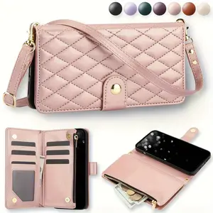 Fashion Quilted Pattern Phone Case Cover with Card Slot, Multi-functional Phone Wallet Case with Wrist Strap, Phone Accessories for iPhone 16 15 14 13 12 Mini, Protector