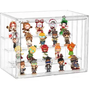 Clear Acrylic Display Case for Figures 4 Layer Figure Display Shelf with 3 Movable Plate Stackable Display Box with Magnetic Door for Collectibles 1 Pack