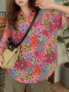 Full Print Leaf Pattern Flower Polyester Button Front Shirt, Casual Summer Top, Daily Wear, Lightweight & Breathable Fabric