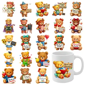 21 Pcs Teddy Bear UV DTF Stickers Plastic Self-Adhesive Labels Glass DTF Transfer Stickers Mug Decoration Gift Cups Decoration Waterproof Rub on Transfers clock