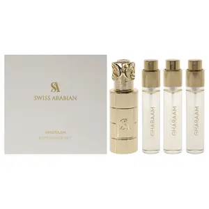 Gharaam by Swiss Arabian for Unisex - 4 Pc Mini Gift Set 3 x 10ml Perfume Spray, 1 Metal Case