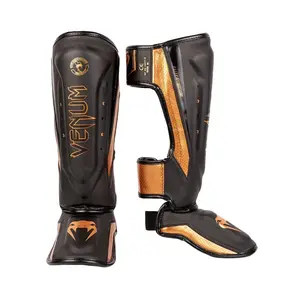 Venum Elite Evo Shinguards - Black/Bronze Microfiber Durable Shin Guard for Continuous Intensive Use, Ultra Lightweight & Protective Design