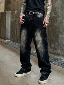 Men's Vintage Wash Tie Dye Denim Jeans, Loose Straight Leg Wide Leg Jeans, Y2K Style American Street Casual Fit, Perfect Gift, Pants, Streetwear