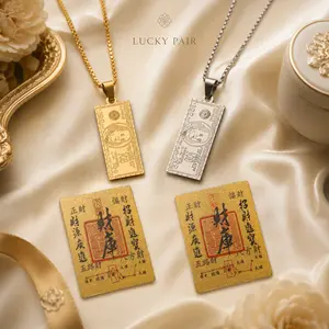 Wealth Vault Card & Lucky Money Pendant Necklace Decor Set, Gold or Silver Skin Friendly Titanium Steel Feng Shui Charm for Home Office Room