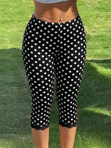 French Vintage Polka Dot Seven-Eighths Bottoms, Women's Lace Trim Fitted Elastic Waist Slimming Outerwear Shorts, Casual All-Season Wear