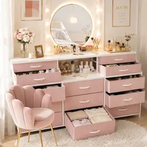 [24H-Help】Homkdom 55"W Pink Makeup Vanity Dresser for Bedroom, Long 13 Fabric Drawer Chest & 2 Open Shelves Storage Organizer with Thick Wood Top for 65" TV, Heavy-Duty Wide Skincare Organizer Cabinet, Sleek Clothes Tower for Living Room, Apartment, Dorm