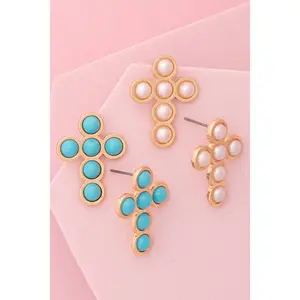 Sienna Turquoise / Pearl Bezel Cross Post Earrings