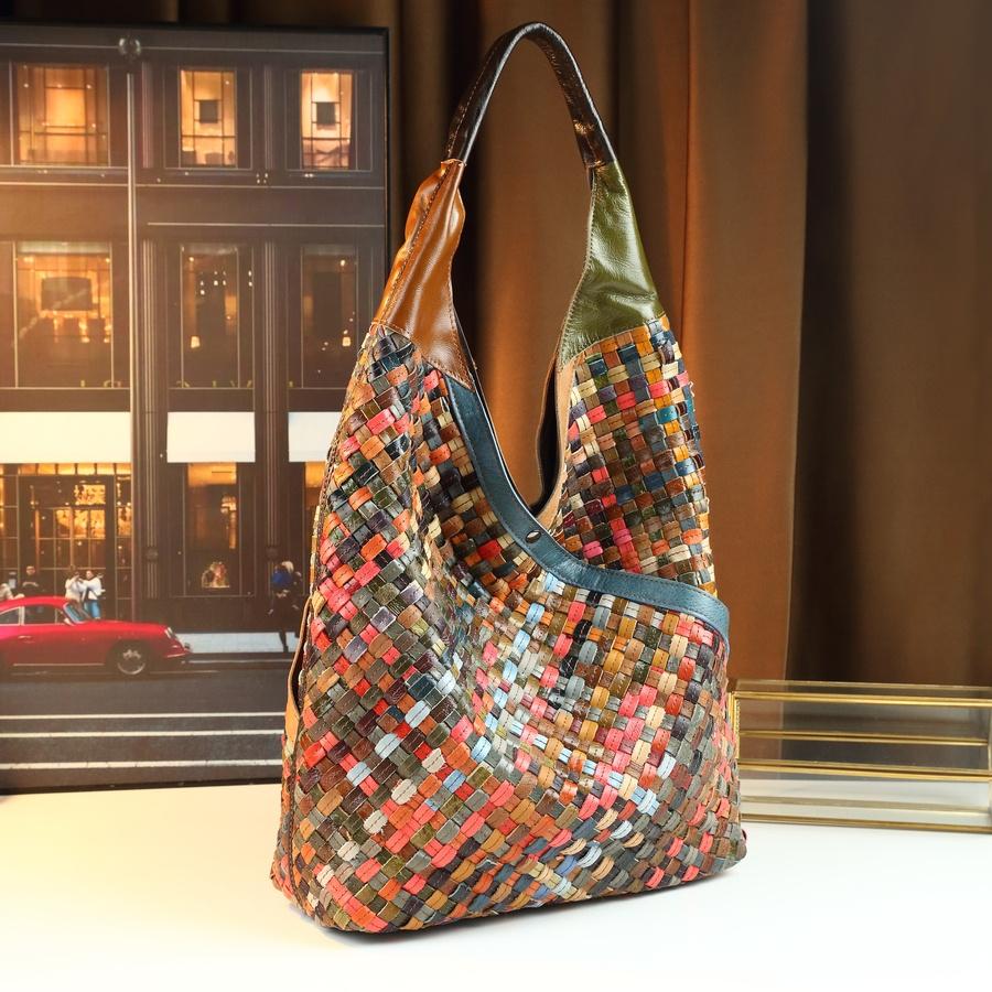 Large Colorful Woven Hobo Bag - Boho Braided Vegan Leather Shoulder Bag - Spacious Multi-color Patchwork Handbag for Women's Daily & Vacation