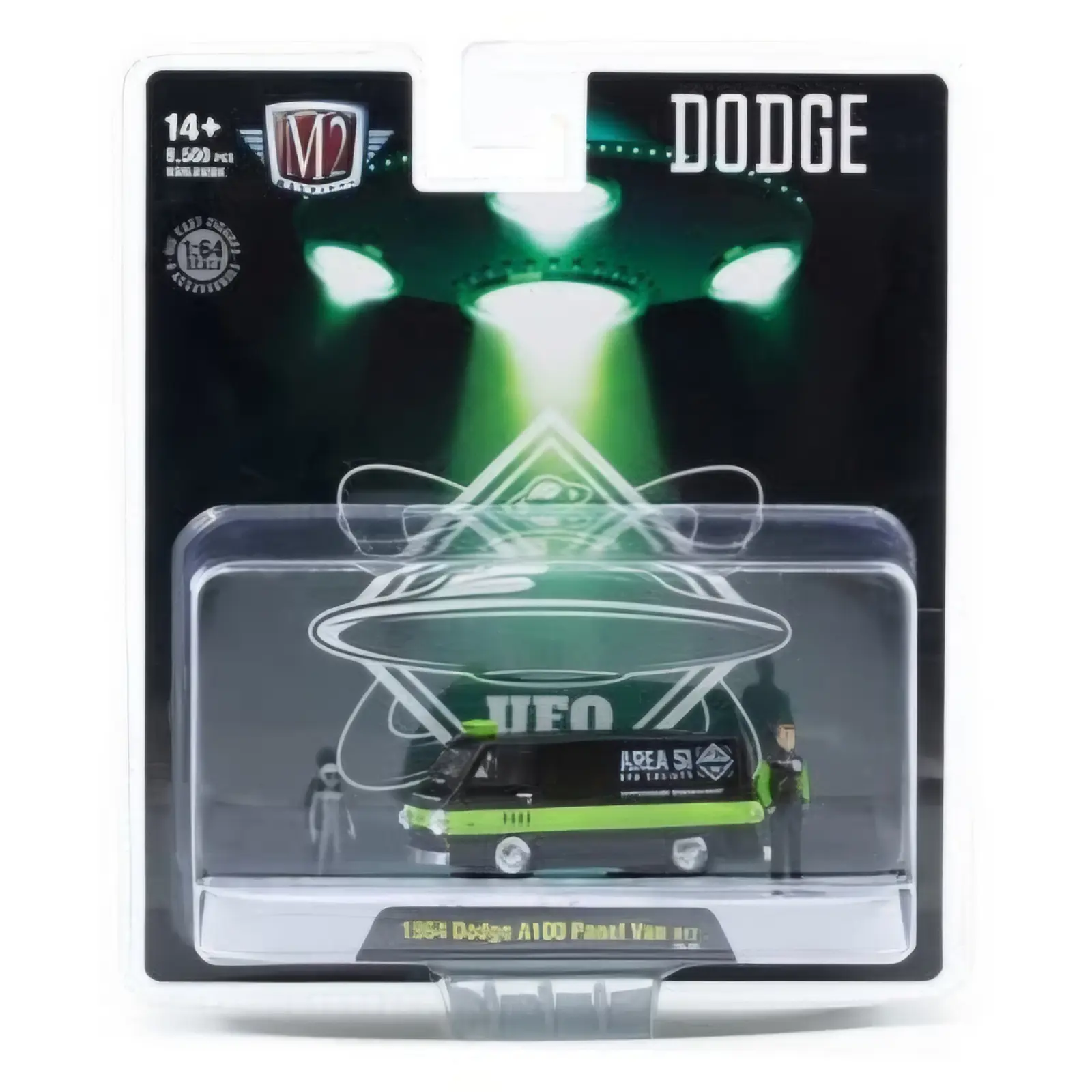 M2 Diorama 1964 Dodge A100 Panel Van, Area 51 Theme, 1:64 Scale, Diecast Model Car