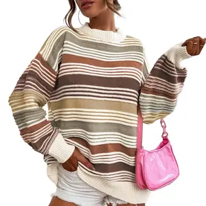 MaLinfandor Womens Striped Pullover Sweater Contrast Cable Knit Sweaters Casual Oversized Loose Fall Winter Outwear Tops