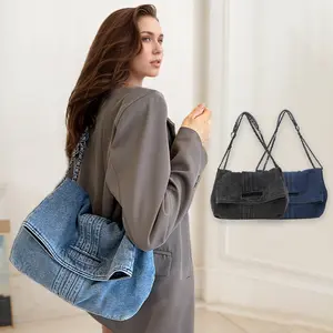 Practical Denim Crossbody Bag for Women Spacious Underarm Shoulder Purse with Chain Strap, Party Ready