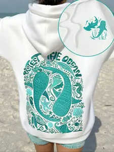 Women's Hooded Sweatshirt with Letter & Shark Print, Casual Loose-Fit Long Sleeve Pocket Top for Fall Winter, Soft Knit Essential Graphic Pullover for Daily Wear, Graphic Print Hoodie, Casual Pullover Hoodies