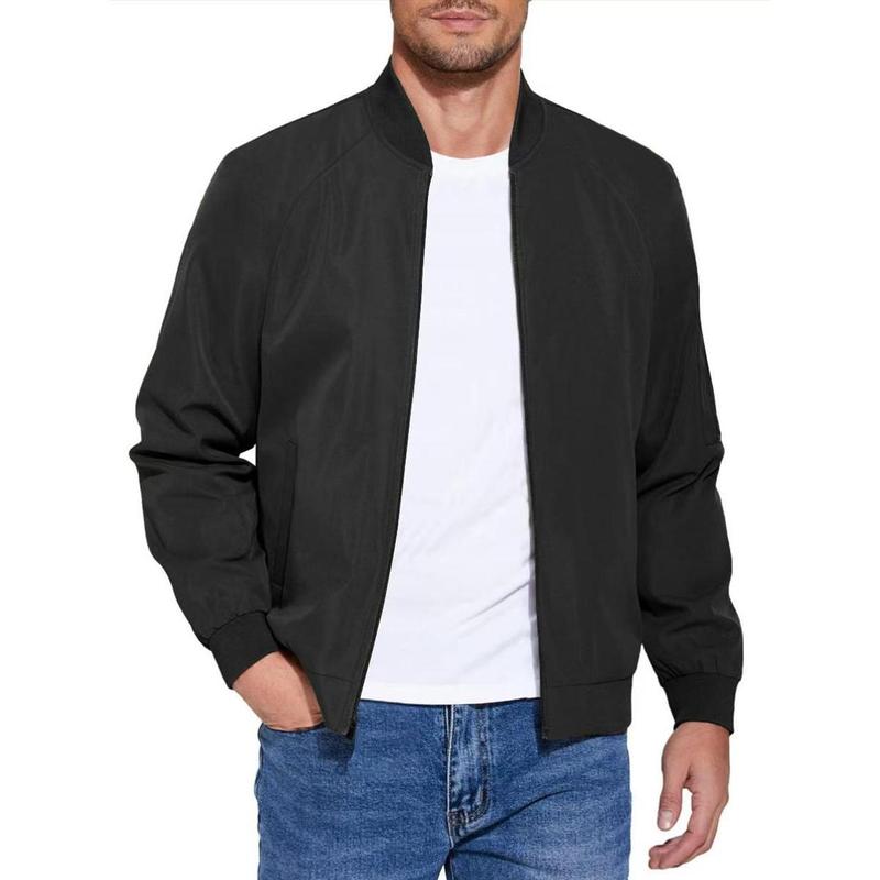 Men's Black Bomber Jacket Trendy Baseball Jersey Design Fashionable Comfortable Outerwear Perfect for Casual Street Style Everyday Wear Windproof Warm Gift Lightweight Top Sports Solid Color