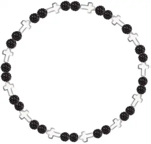 Iced Bling Disco Ball Rhinestone Crystal Bead Baseball Necklace Prayer Collection Black Out with Silver Crosses