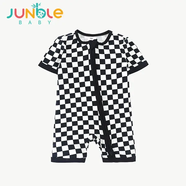 JUNBLEBABY Unisex Baby Minimalist Checkered Print Hooded Romper, Soft Bamboo Short Sleeve 1-Piece Playwear with Double Zipper, Bamboo Fiber, Hand Wash Only, One-Piece Suit