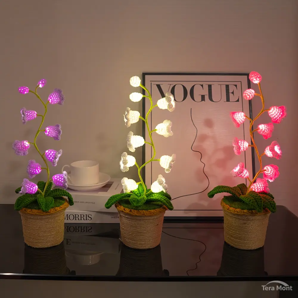 Handmade Crocheted Desk Lamp, Lily of the Valley Floral Decor with 10 LED Lights in Rattan Pot, Battery Powered Nightlight for Christmas, Wedding, Desk Lamps, Lover, Cordonnet Yarn, Indoor Use, 10 Inches, Floral Motif