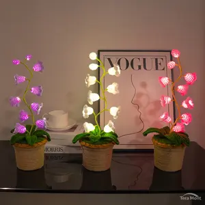 Battery Powered Handmade Crocheted 10 Lovely White Lily of The Valley Lamp Valentine's Day Gift Floral Home Decoration LED Night Light