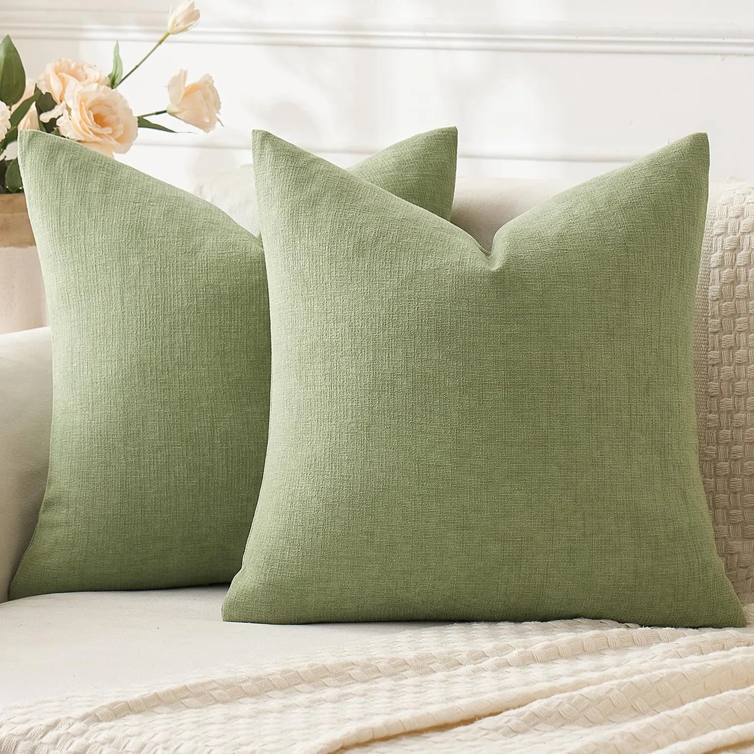 Sage Green Chenille Fabric Decorative Pillow Covers (22x22 in, Set of 2) - Comfy, Reinforced Suture, Machine Washable Home Decor for Sofa, Living Room Decorative Cushions