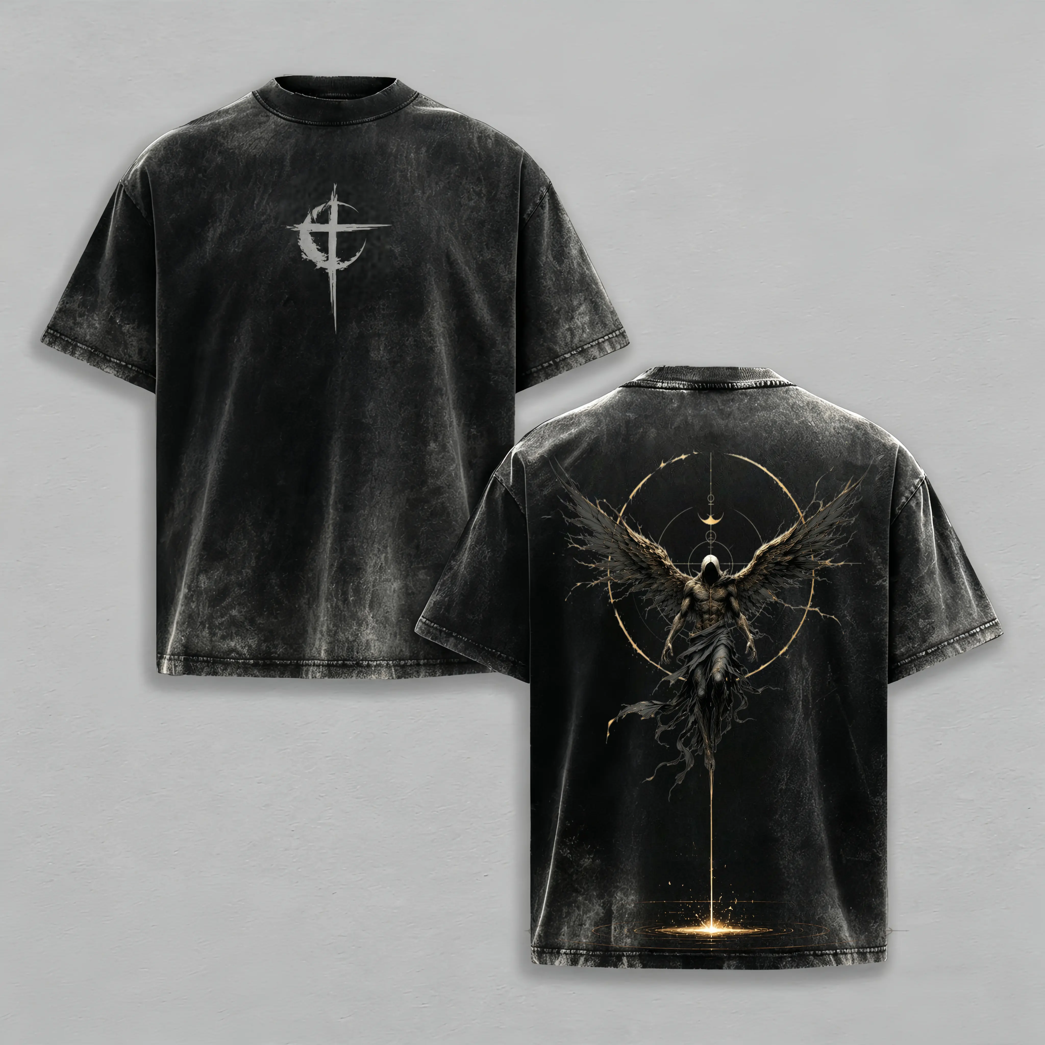 Men’s Acid Wash Black Gothic Angel Tee Oversized Fit Front Minimal Cross + Detailed Fallen Angel Back Print Dark Streetwear Grunge Faith Inspired Short Sleeve Shirt For Alternative Style Guys,funny graphic tee, men’s trendy t-shirts,