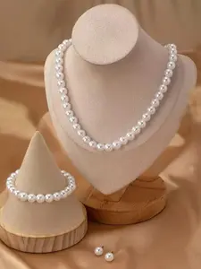 Women Elegant Imitation Pearl Jewelry Set 4 Piece Necklace Bracelet Earrings Minimalist Design Ideal for Dinner Party Date and Daily Wear Great for Matching Any Outfit