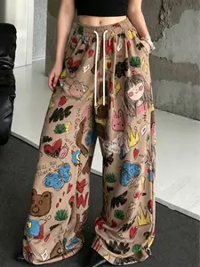 2026 Summer New American Graffiti Cartoon Print Wide Leg Pants for Women, Elastic Waist Drawstring Loose Fit Casual Long Pants