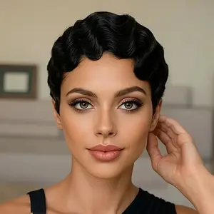 Finger Wave Wigs Short Curly Short Pixie Cut Wigs For Black Women Brazilian Human Hair Wigs Finger Ocean Wave Wig  150% Density Glueless Wig No Lace Wigs for Black Women fashion enthusiast