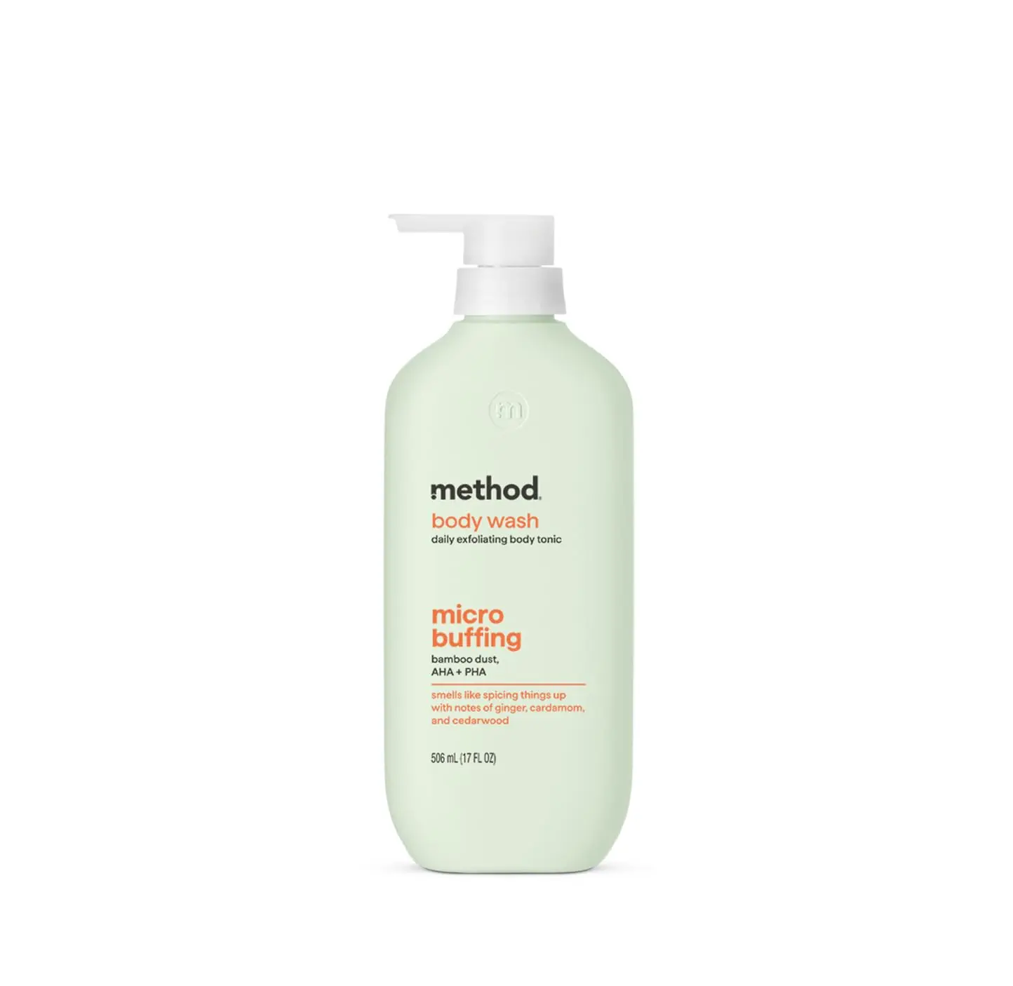 method Exfoliating Body Wash, Micro Buffing, 17 fl oz | Smooths Skin with AHA & PHA, Made Without Parabens, With Scent Notes of Ginger, Cardamom & Cedarwood