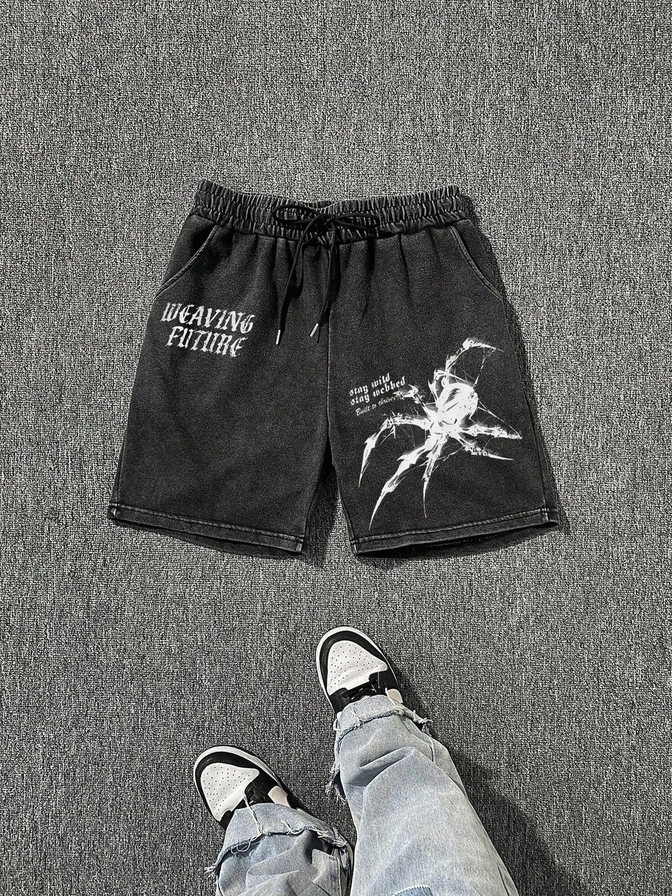 TikMen Full Cotton Comfort Fabric Spider Print Street Style Shorts, Loose Fit Drawstring Waist Pockets, Outdoor Fitness Gym Wear Workout Gym Shorts, Streetwear Sports Shorts