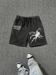 TikMen Full Cotton Comfort Fabric Spider Print Street Style Shorts, Loose Fit Drawstring Waist Pockets, Outdoor Fitness Gym Wear Workout Gym Shorts, Streetwear Sports Shorts