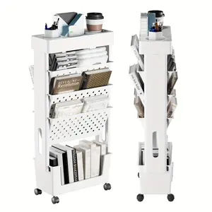 5-Tier Removable Bookshelf with Wheels, Magazine and Newspaper Storage Rack, Bedside Bookshelf, Suitable for School, Classroom, Office, Study, Bedroom, Living Room Magazine and Newspaper Basket