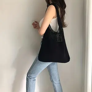 Vintage Hollow Knit Shoulder Bag - Large Capacity, Fixed Shoulder Strap, No Closure Design, Suitable for Women, Shopping, Beach, Commuter and Vacation, Beach Handbag