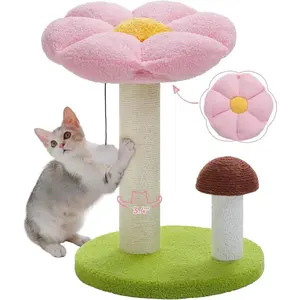 Cat Scratching Post, Mushroom Cat Scratcher Cute Cat Tree Tower with Thick Scratching Post & Removable Flower Cat Bed [Dia=15.7''], Tall Cat Post for Kittens and Indoor Small Cats, Pink