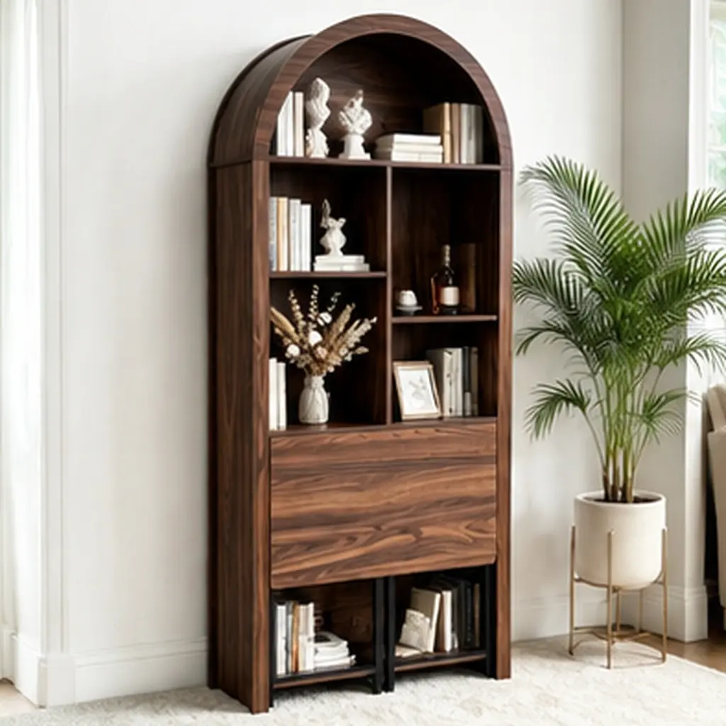 Tall Arched Bookcase Convertible Folding Desk, Walnut Brown MDF Hideaway Vanity Desk with Storage Shelves, Foldable Disappearing Desk for Small Spaces, Study Room Home Office Furniture, 70.8" H, Walnut Brown Color Options, MDF Material