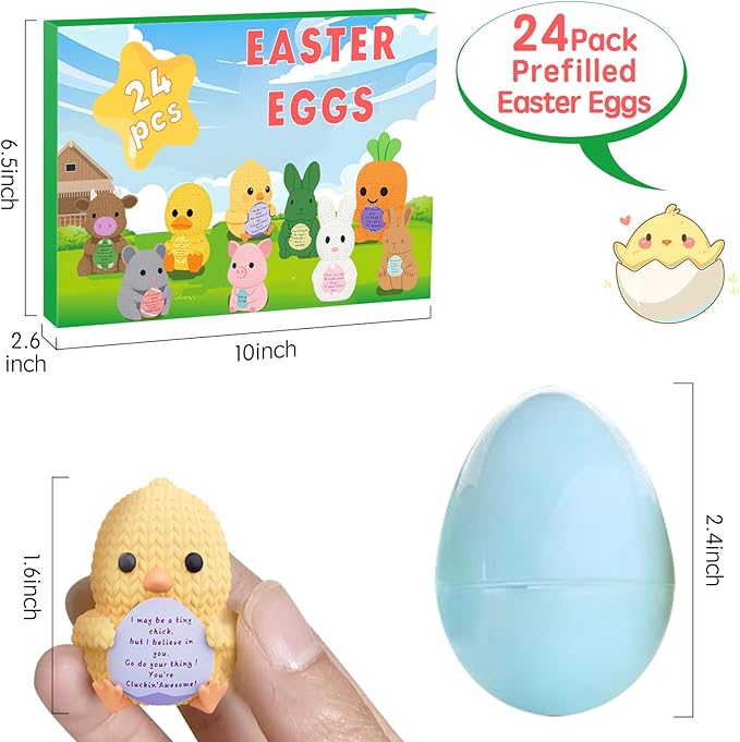 24 Pack Pre Filled Easter Eggs with 3D Printed Amigurumi Animals Easter Basket Stuffers & Party Favors for Kids Easter Egg Hunt Toys