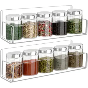 Spice Rack Wall Mount - 9 Inch, Clear Spice Shelf Storage Holder, 2 Pack Hanging Seasoning Organizer for Cabinet Door, Cupboard or Wall Kitchen (Adhesive or Screw)