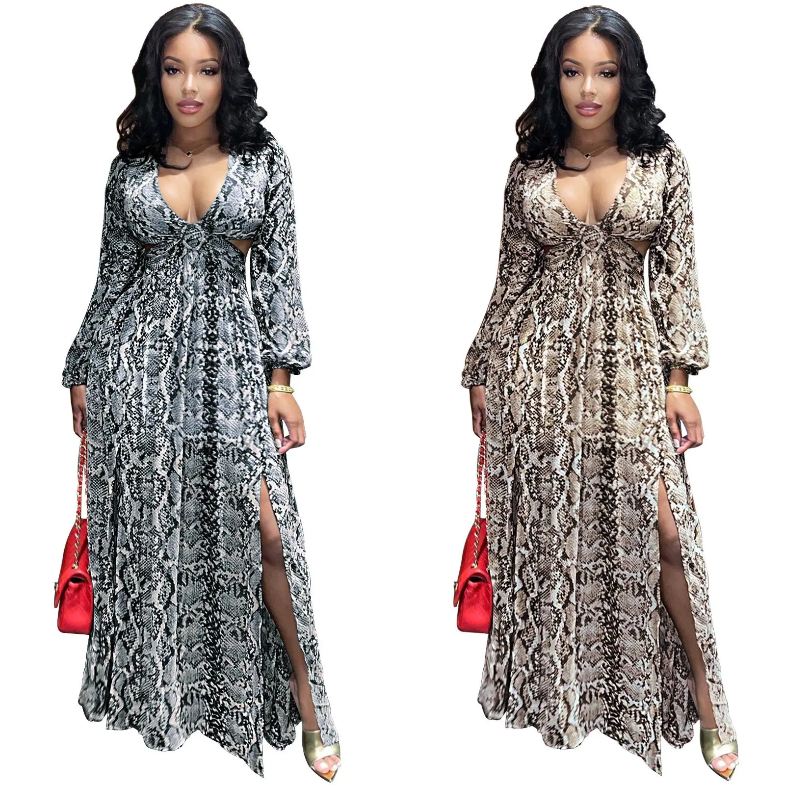 Sexy Hollow Beach Dress Python Pattern Split Dress