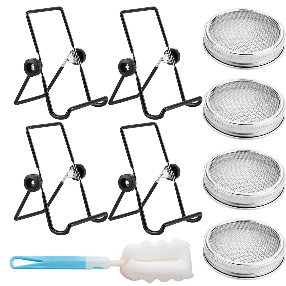 Set of 4 Mason Jar Sprouting Lids: Stainless Steel Wide-Mouth Sprouting Lids with Organic Sprout Lids, Filter Mesh, and 4 Bottle Brushes for Cleaning; Fits 32 oz / 100 ml Glass Jars (4 Lids + 4 Brushes)