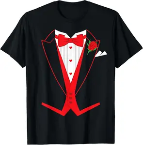 [100% Cotton]Valentine's Day Tuxedo Red Bow Tie Costume for Guys T-Shirt