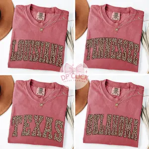 Comfort Colors Leopard All States T-Shirt, Custom State Name Graphic Tee, College Leopard Print Shirt, Personalized State Pride Gift for Her, Vintage Washed Unisex Cotton Top, Soft Casual Tee - DPCLICK