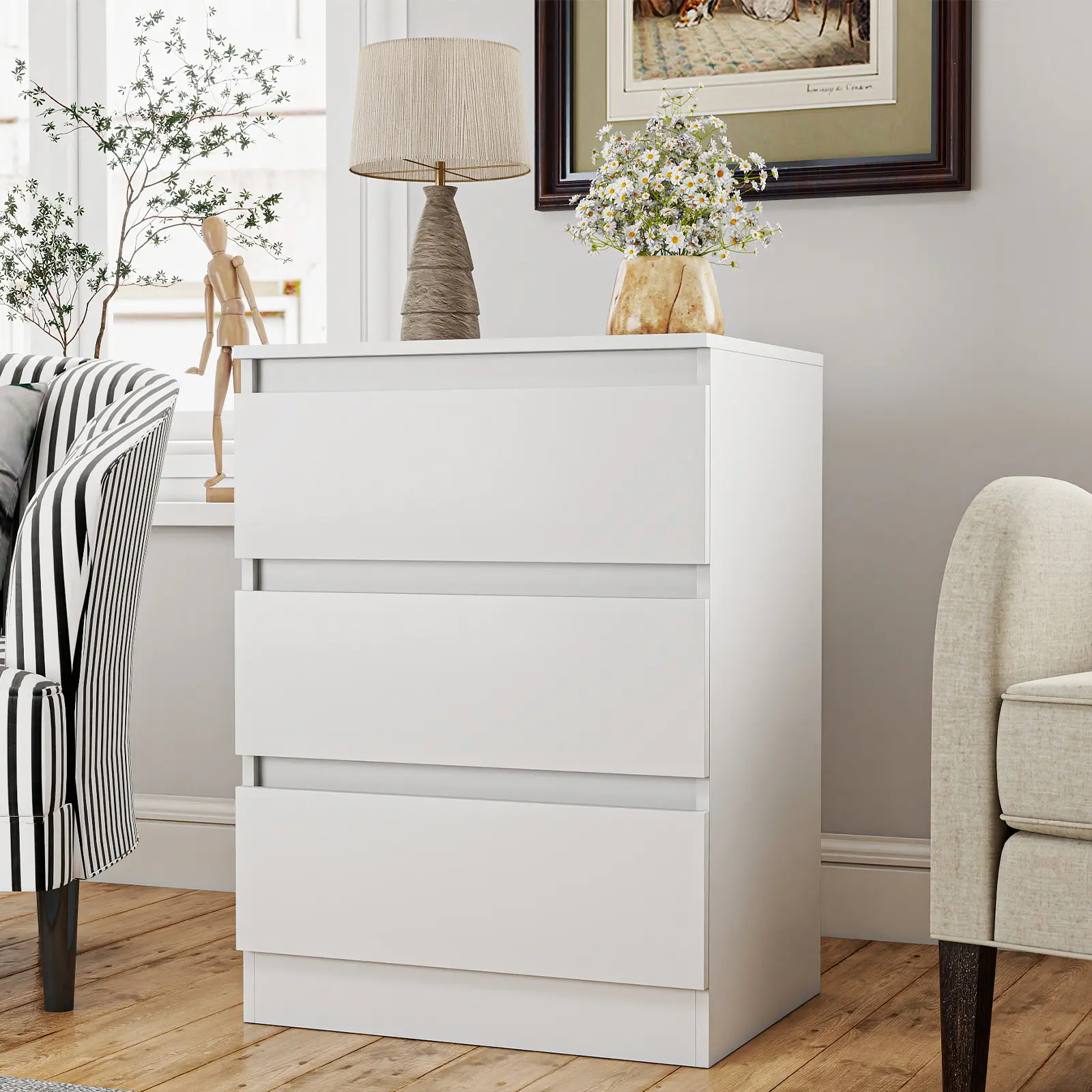 Spaco White Wood 3-Drawer Nightstand - Bedroom Dresser Table, Modern No-Handle End Table, Space-Saving Indoor Furniture with Spacious Storage, Modern End Table