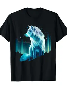 Mysterious Northern Lights and White Wolf Pattern T-shirt -100% cotton, round neck, short sleeves, casual fit for men and women, four seasons comfortable, stretch fabric, perfect g, Halloween, skin-friendly softness, vintage vibe