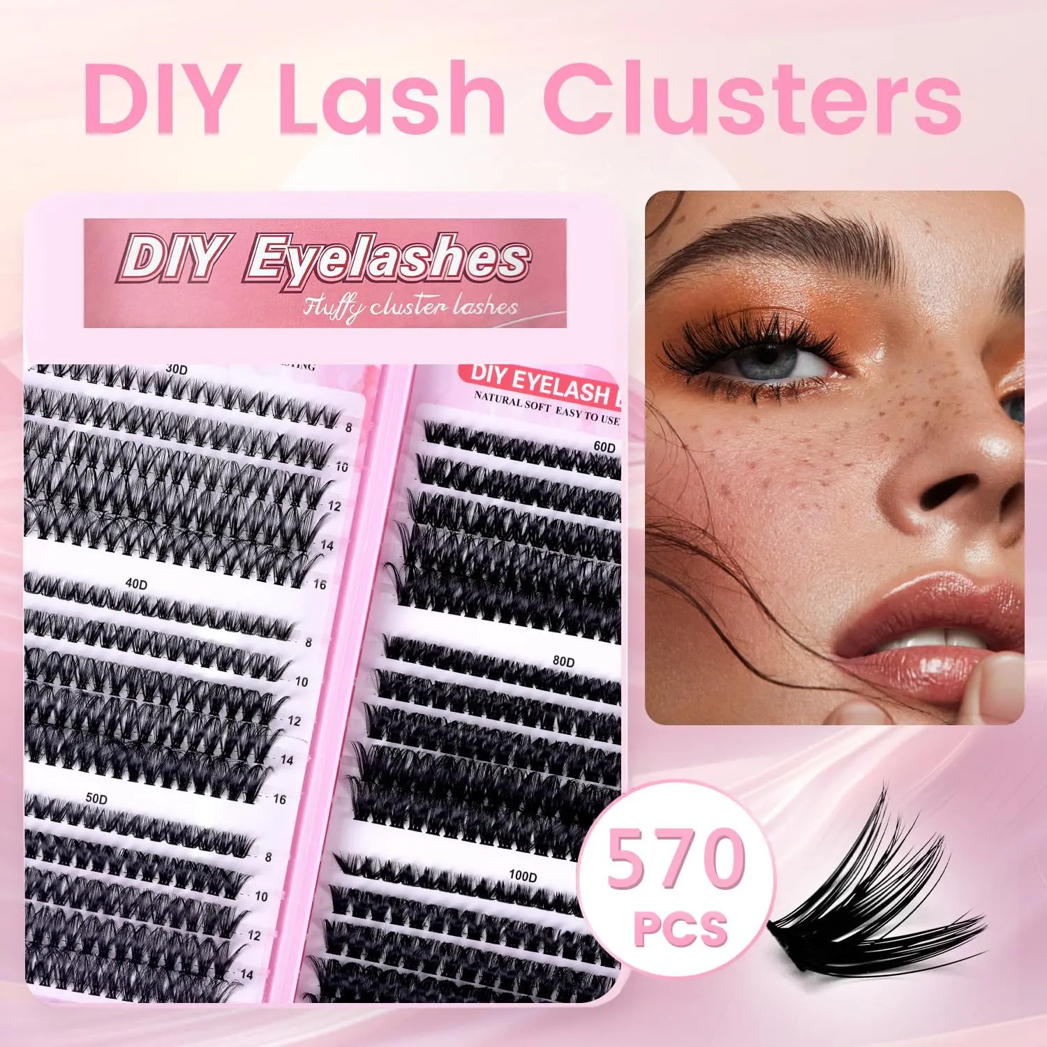 Lash Clusters Kit for beginners Eyelash Clusters Kit Lashes Clusters Kit Cluster Pestañas Postizas Naturales with Lash Bond&Seal,Lash Tweezers,Mascara Brush(570pcs 30D+40D+50D+60D+80D+100D Kit,8-16mm),back to school,back to school haul