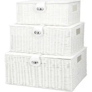 White Wicker Storage Baskets Set of 3 Decorative Nesting Boxes with Lids Woven Basket with Lock Handle Organizer for Beauty Makeup Bathroom Decor