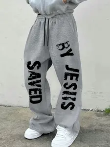 Men's American Street Style Wide Leg Sweatpants, Comfortable Breathable Fabric, Vintage Faith Slogan Print, Drawstring Waist, Casual Everyday Pants, Casual Comfy Sweatpants